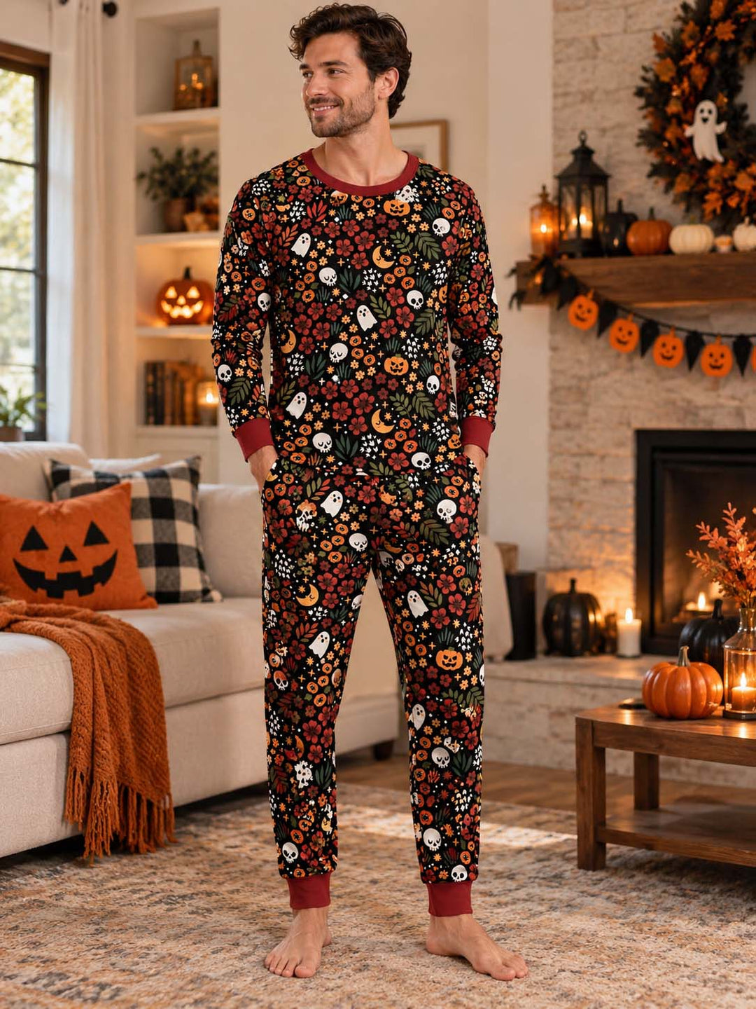 Floral Halloween Night Bamboo Men's Pajama Set
