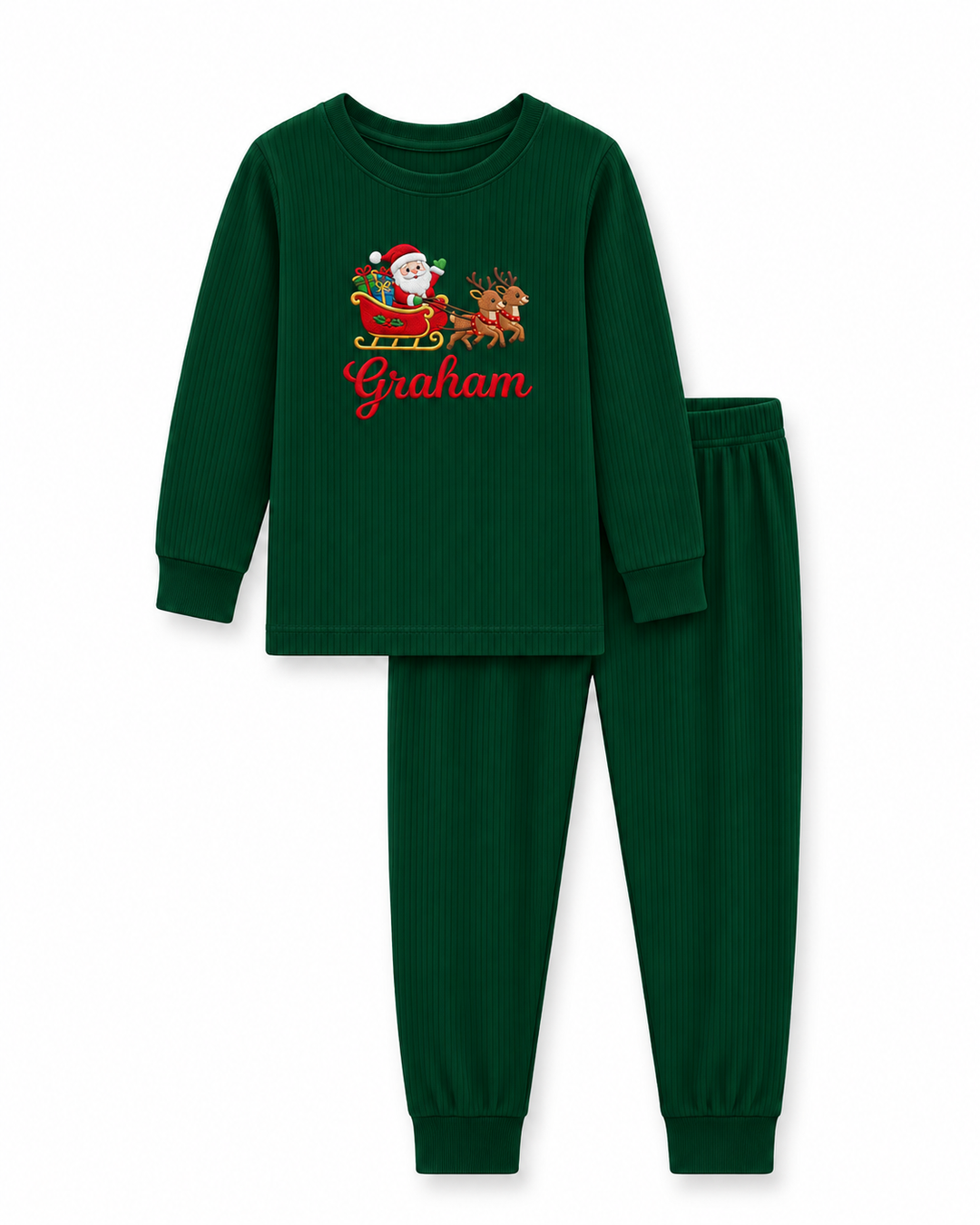 Santa’s Reindeer Sleigh Embroidered Ribbed Bamboo Two Piece Long Sleeve Pajama Set