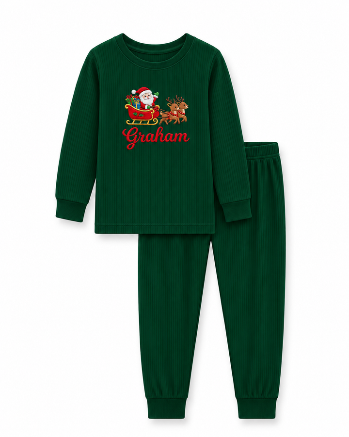 Santa’s Reindeer Sleigh Embroidered Ribbed Bamboo Two Piece Long Sleeve Pajama Set