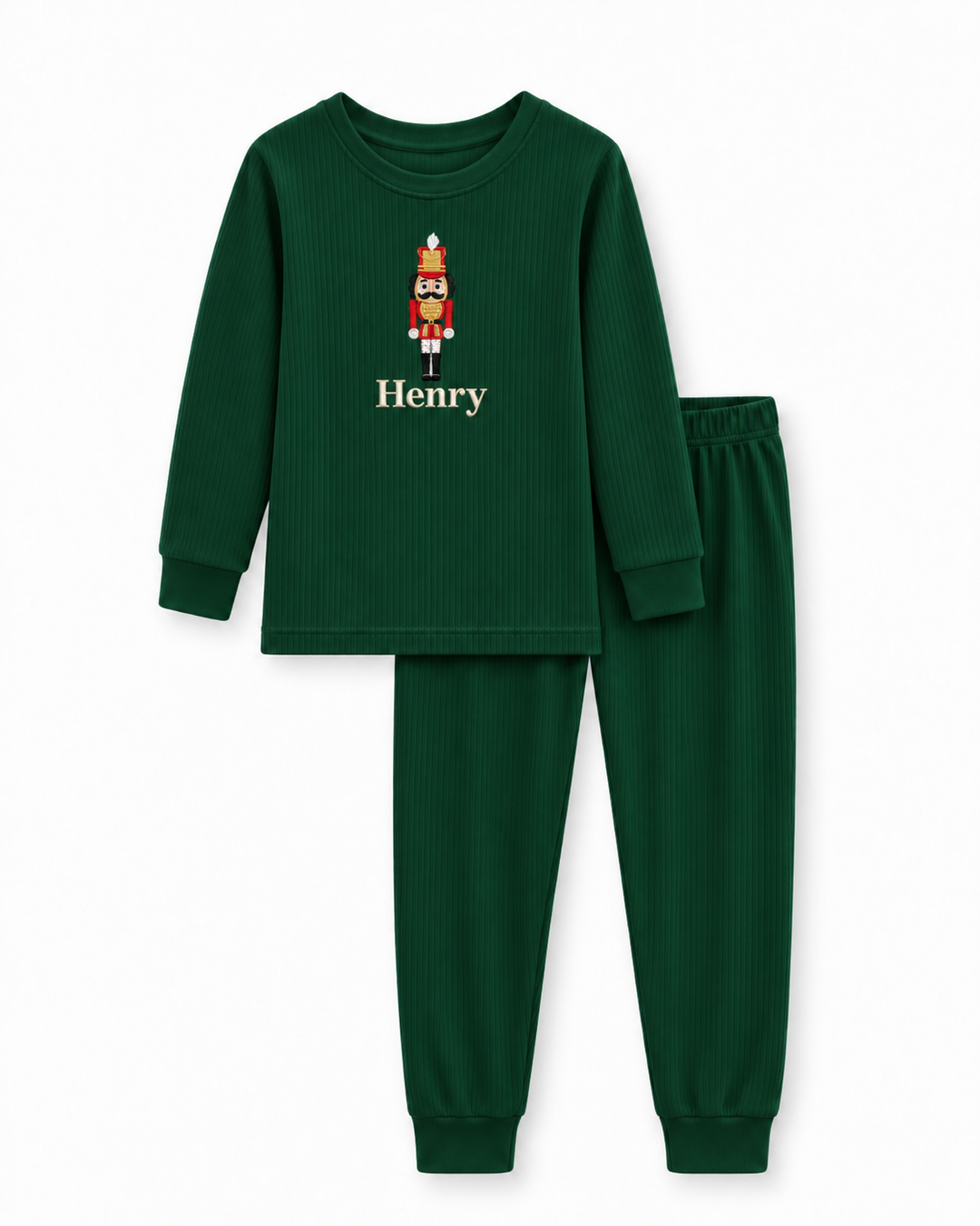 Festive Nutcracker Embroidered Ribbed Bamboo Two Piece Long Sleeve Pajama Set