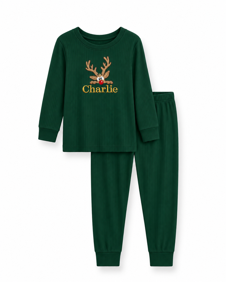 Christmas Reindeer Embroidered Ribbed Bamboo Two Piece Long Sleeve Pajama Set
