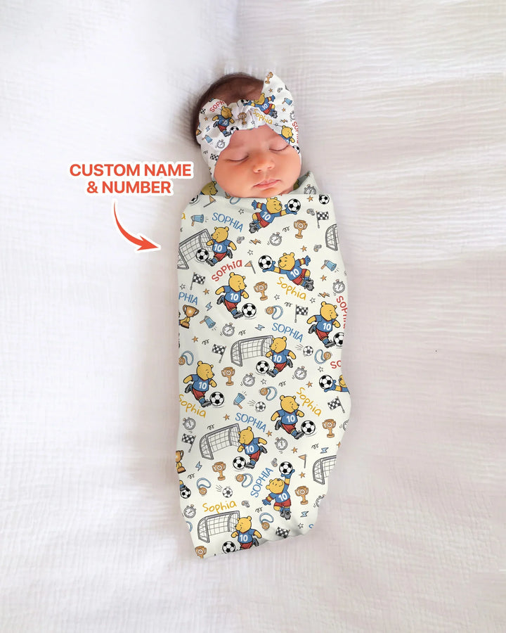 Personalized Classic Bear World Soccer swaddle blanket