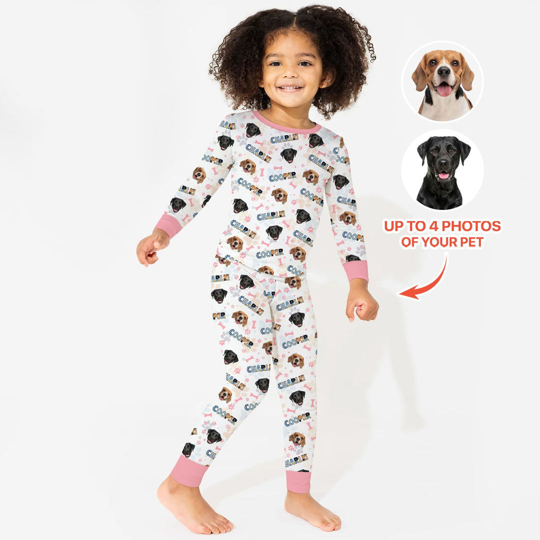 Custom Name Doodle Letters Blue Dog Two Piece Long Sleeve Pajama Set