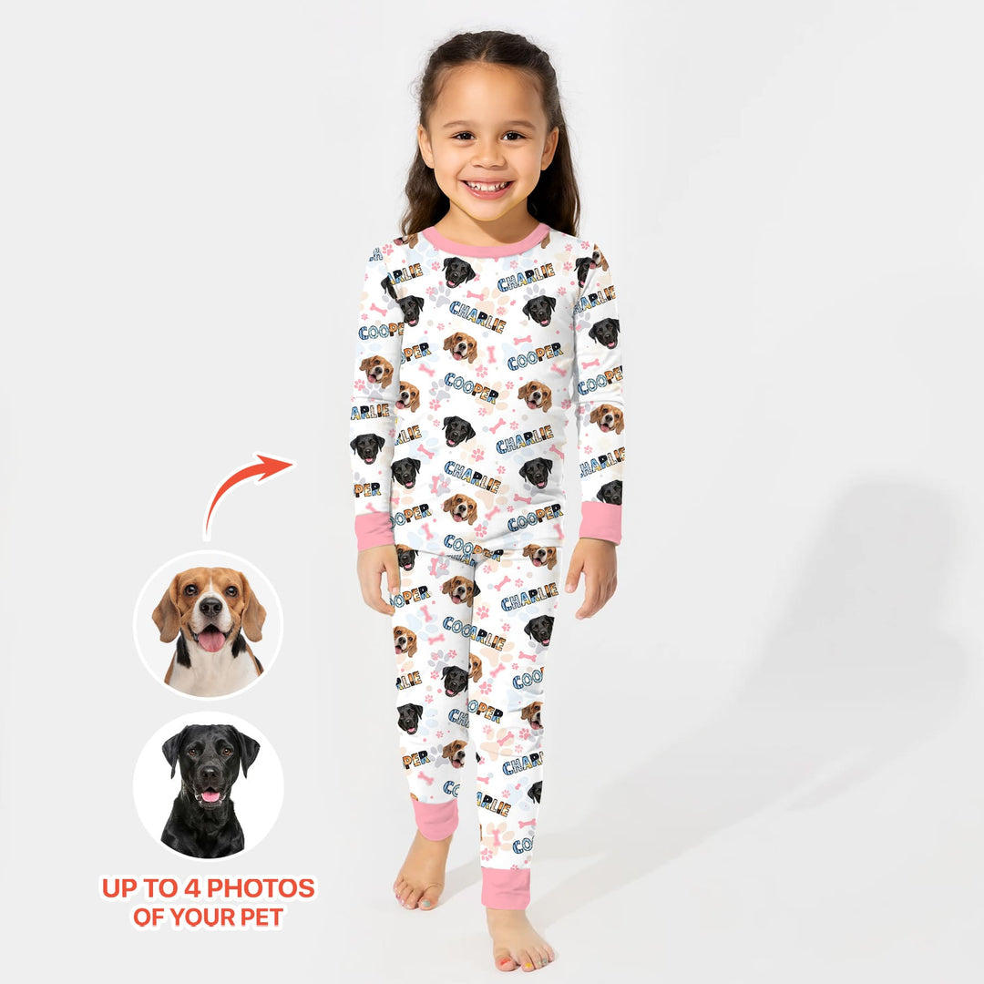 Custom Name Doodle Letters Blue Dog Two Piece Long Sleeve Pajama Set