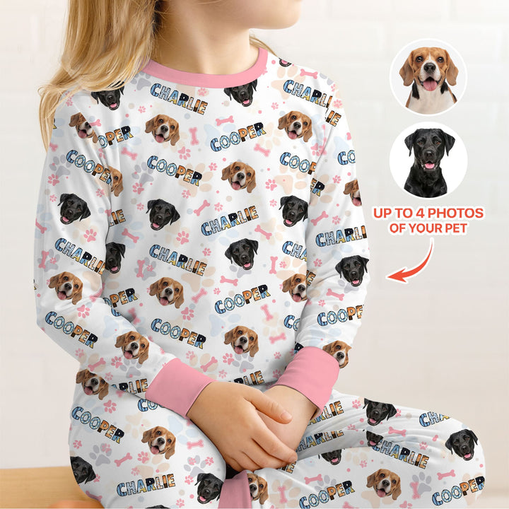 Custom Name Doodle Letters Blue Dog Two Piece Long Sleeve Pajama Set