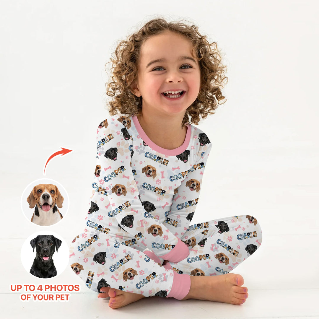 Custom Name Doodle Letters Blue Dog Two Piece Long Sleeve Pajama Set