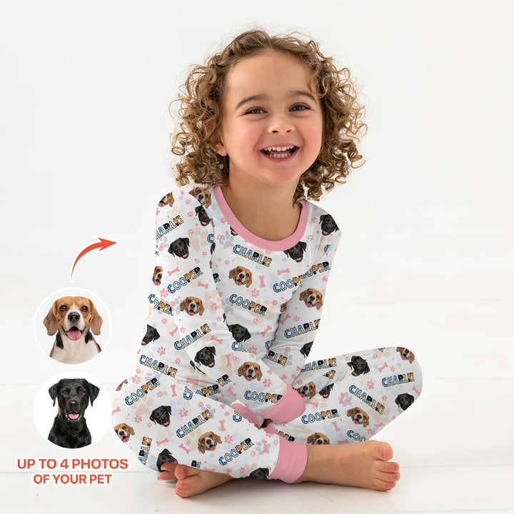 Custom Name Doodle Letters Blue Dog Two Piece Long Sleeve Pajama Set