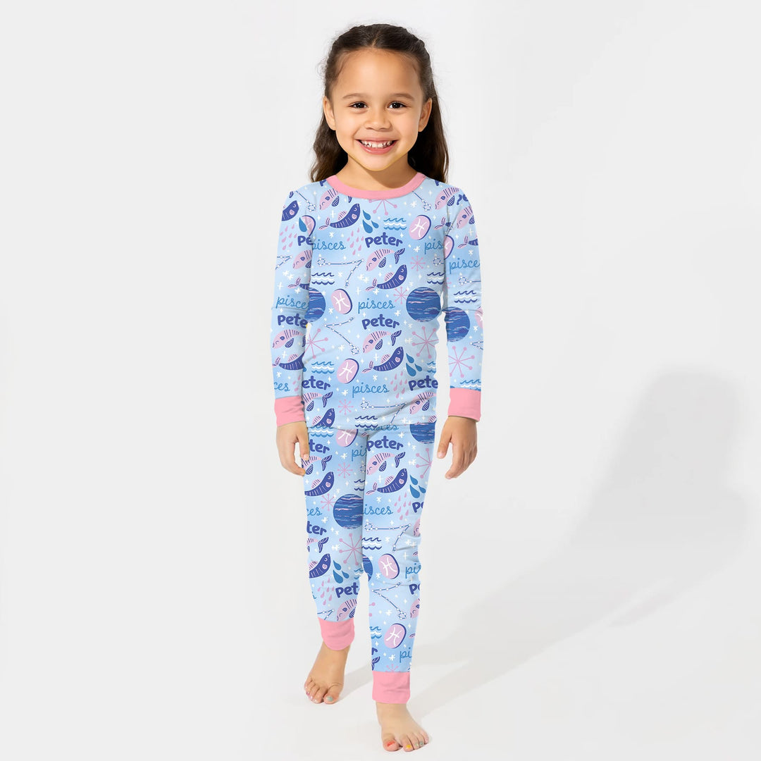Custom Name Zodiac Pisces Two Piece Long Sleeve Pajama Set