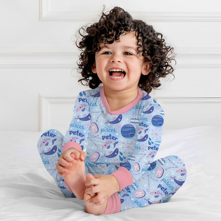 Custom Name Zodiac Pisces Two Piece Long Sleeve Pajama Set