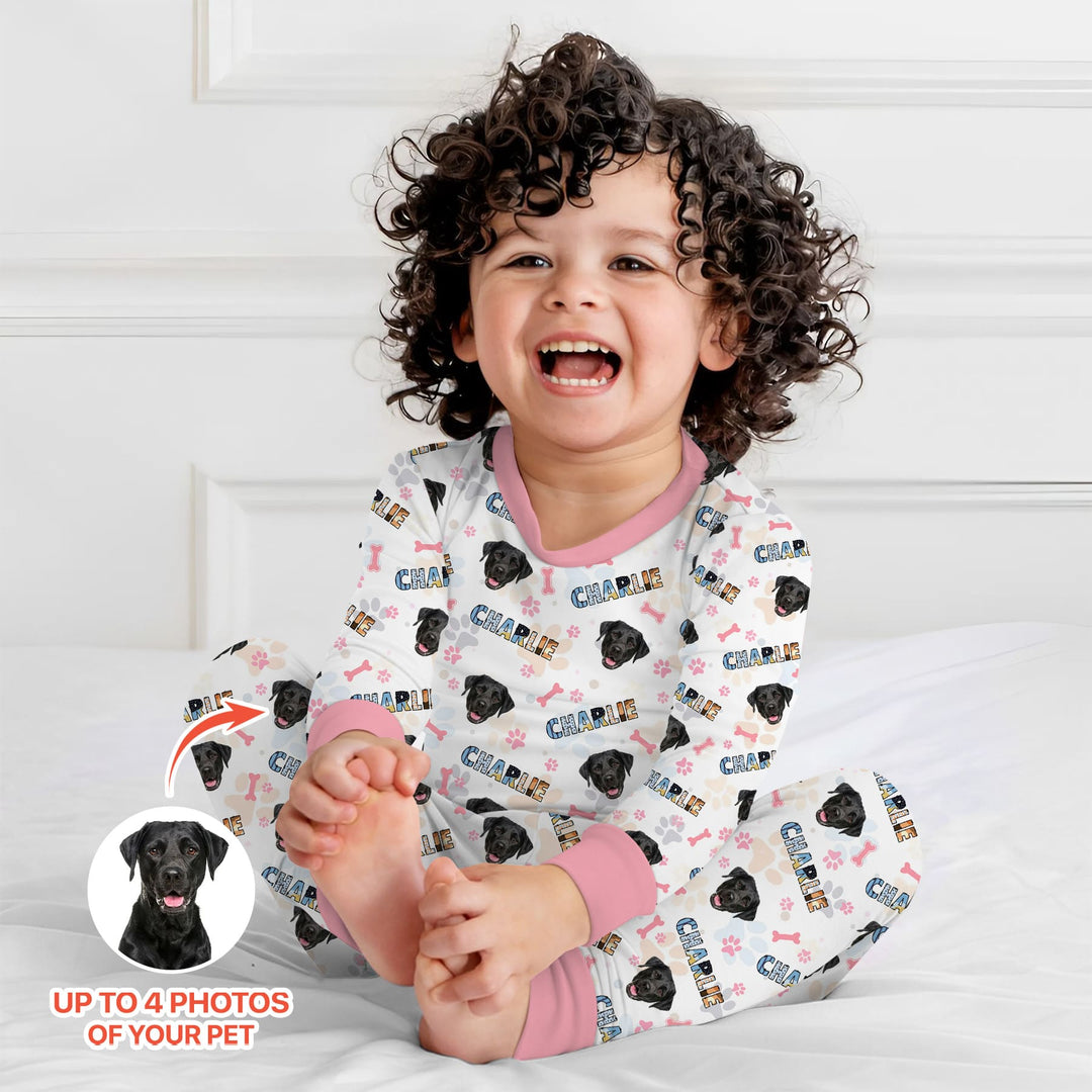 Custom Name Doodle Letters Blue Dog Two Piece Long Sleeve Pajama Set