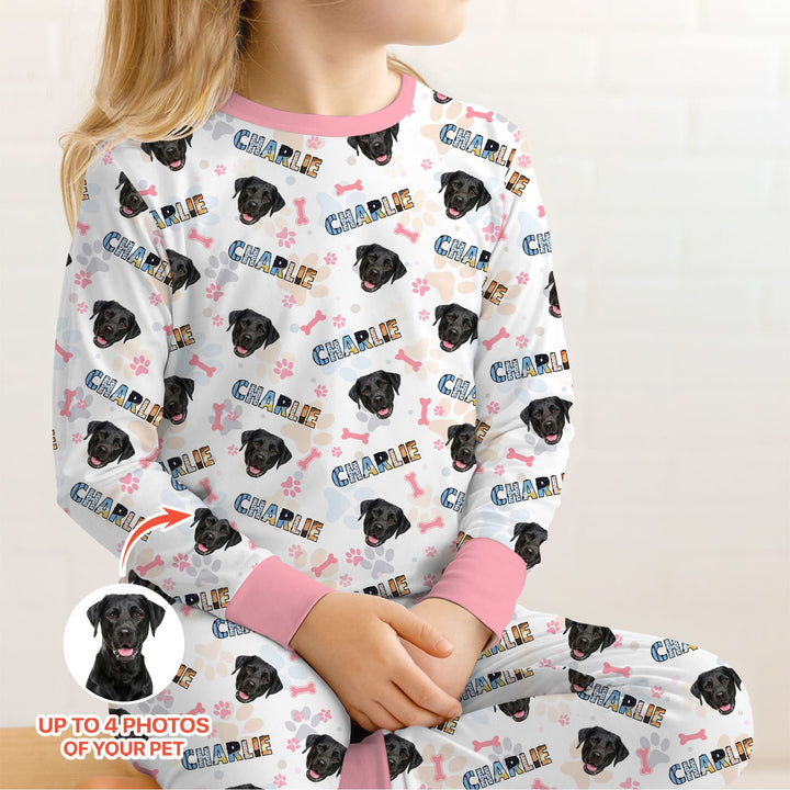 Custom Name Doodle Letters Blue Dog Two Piece Long Sleeve Pajama Set