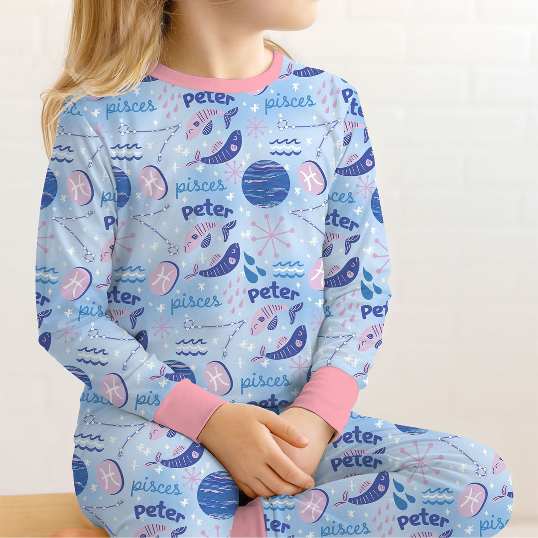 Custom Name Zodiac Pisces Two Piece Long Sleeve Pajama Set