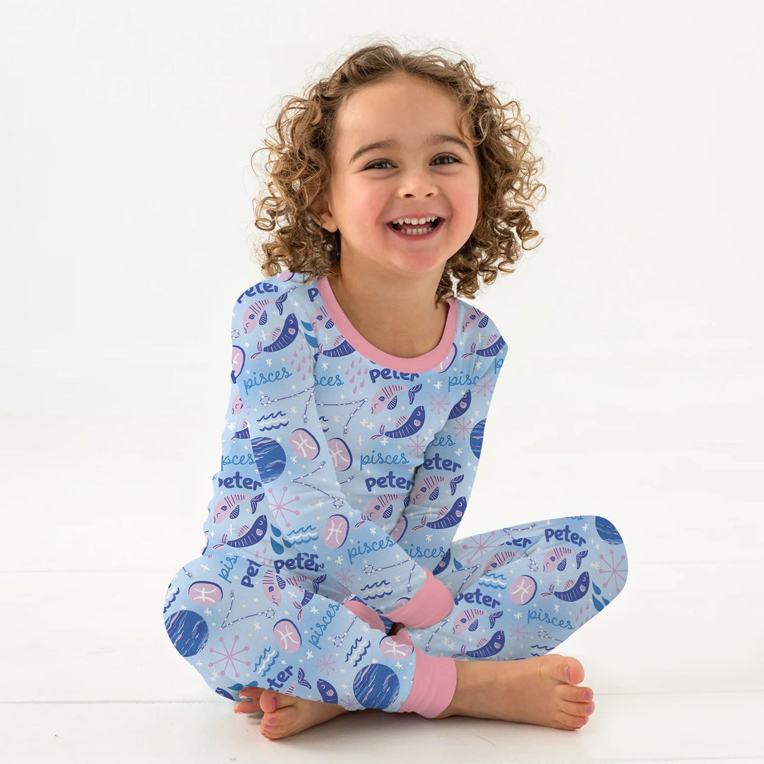 Custom Name Zodiac Pisces Two Piece Long Sleeve Pajama Set