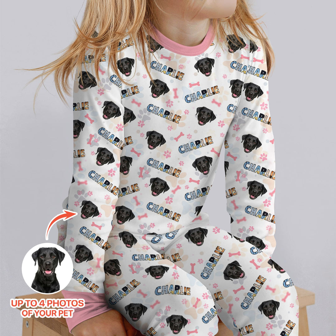 Custom Name Doodle Letters Blue Dog Two Piece Long Sleeve Pajama Set