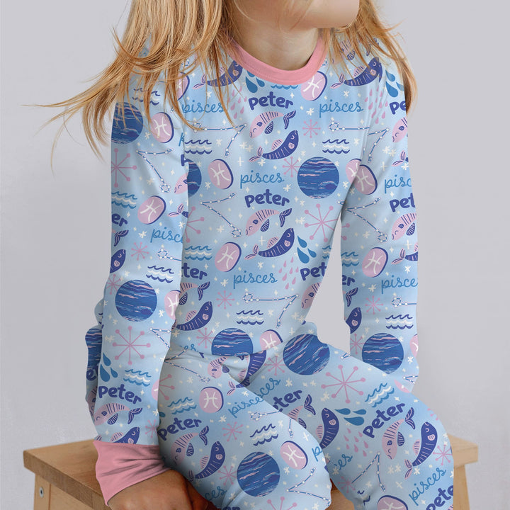 Custom Name Zodiac Pisces Two Piece Long Sleeve Pajama Set