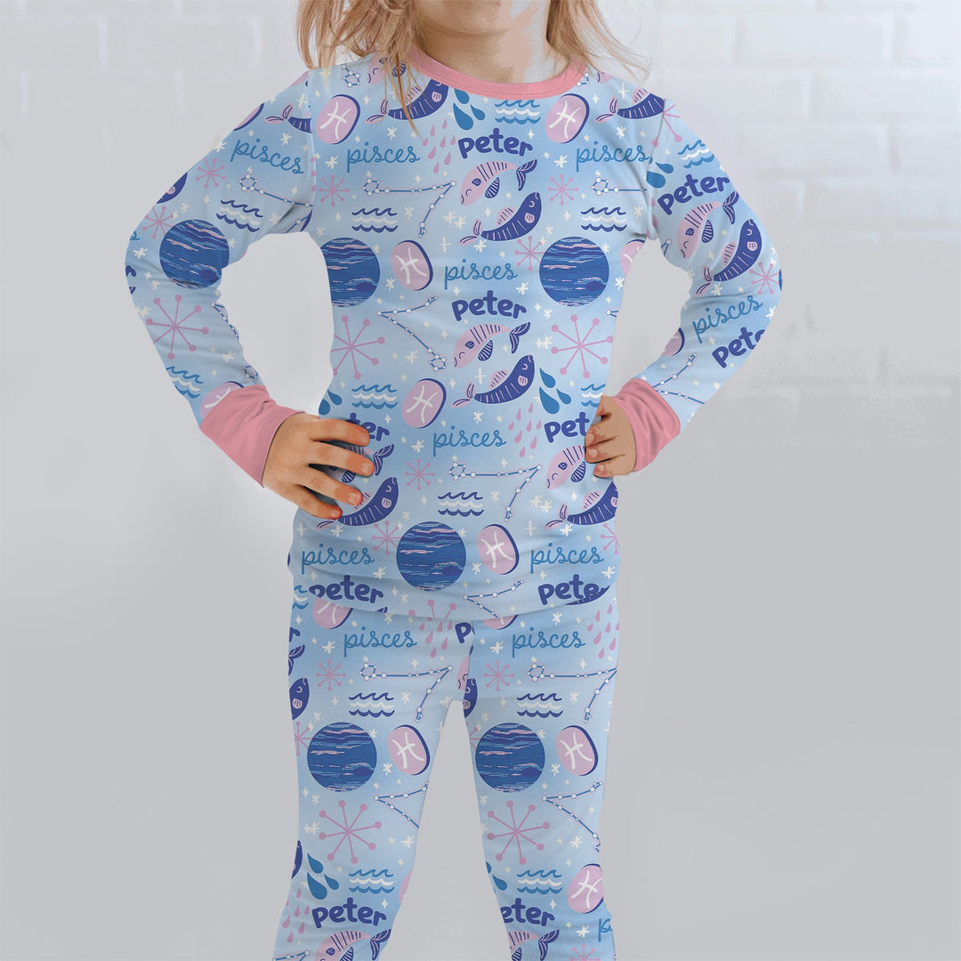 Custom Name Zodiac Pisces Two Piece Long Sleeve Pajama Set