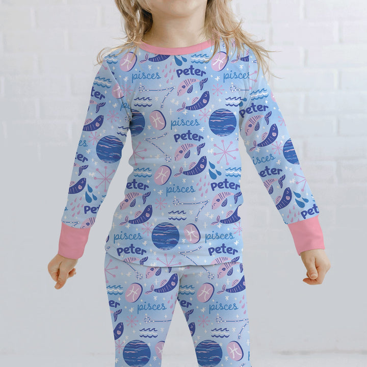 Custom Name Zodiac Pisces Two Piece Long Sleeve Pajama Set