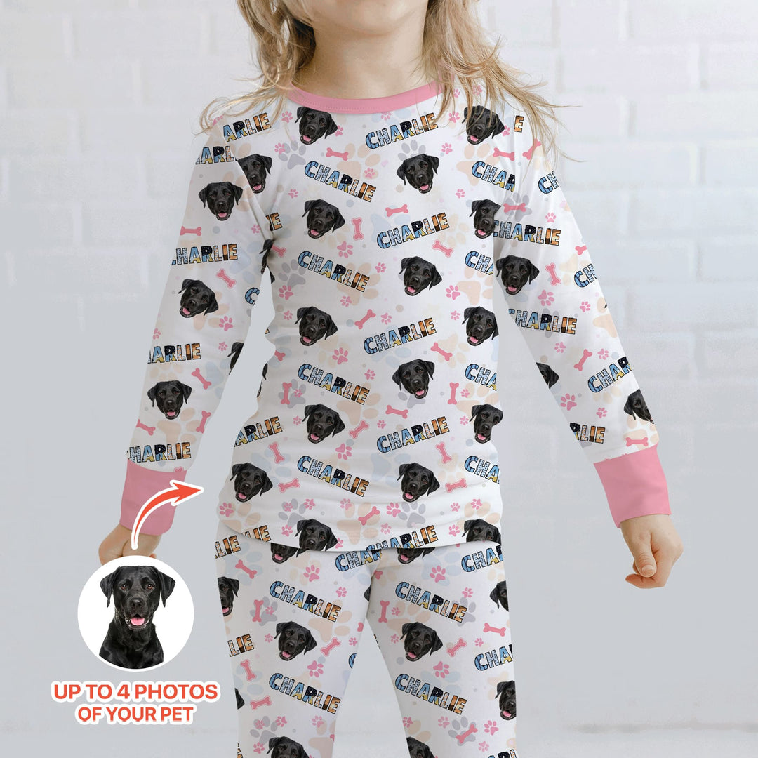 Custom Name Doodle Letters Blue Dog Two Piece Long Sleeve Pajama Set