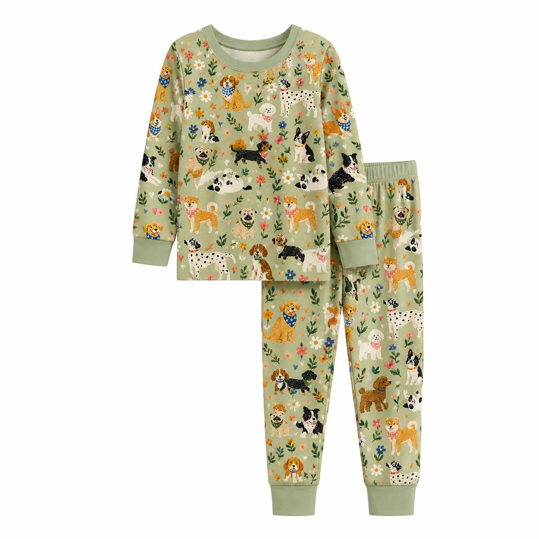 Garden Dogs and Flowers Bamboo Two Piece Long Sleeve Pajama Set
