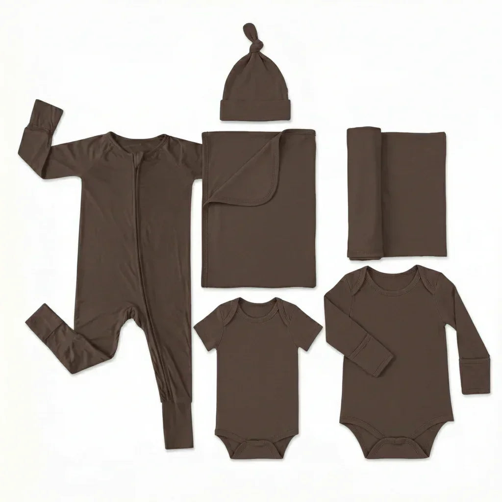 Krankenhaustaschen-Set (langer Strampler mit Reißverschluss + Body langärmlig + Body kurzärmlig + Knotenmütze + Babydecke + Pucktuch)