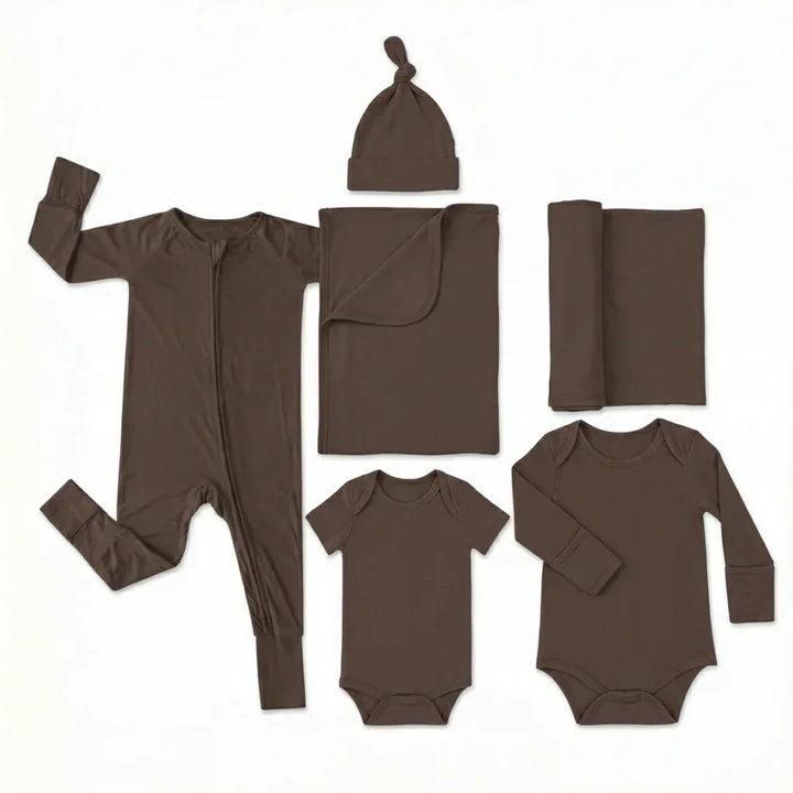 Krankenhaustaschen-Set (langer Strampler mit Reißverschluss + Body langärmlig + Body kurzärmlig + Knotenmütze + Babydecke + Pucktuch)