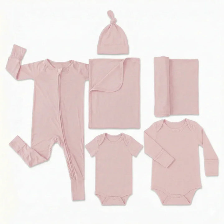 Krankenhaustaschen-Set (langer Strampler mit Reißverschluss + Body langärmlig + Body kurzärmlig + Knotenmütze + Babydecke + Pucktuch)