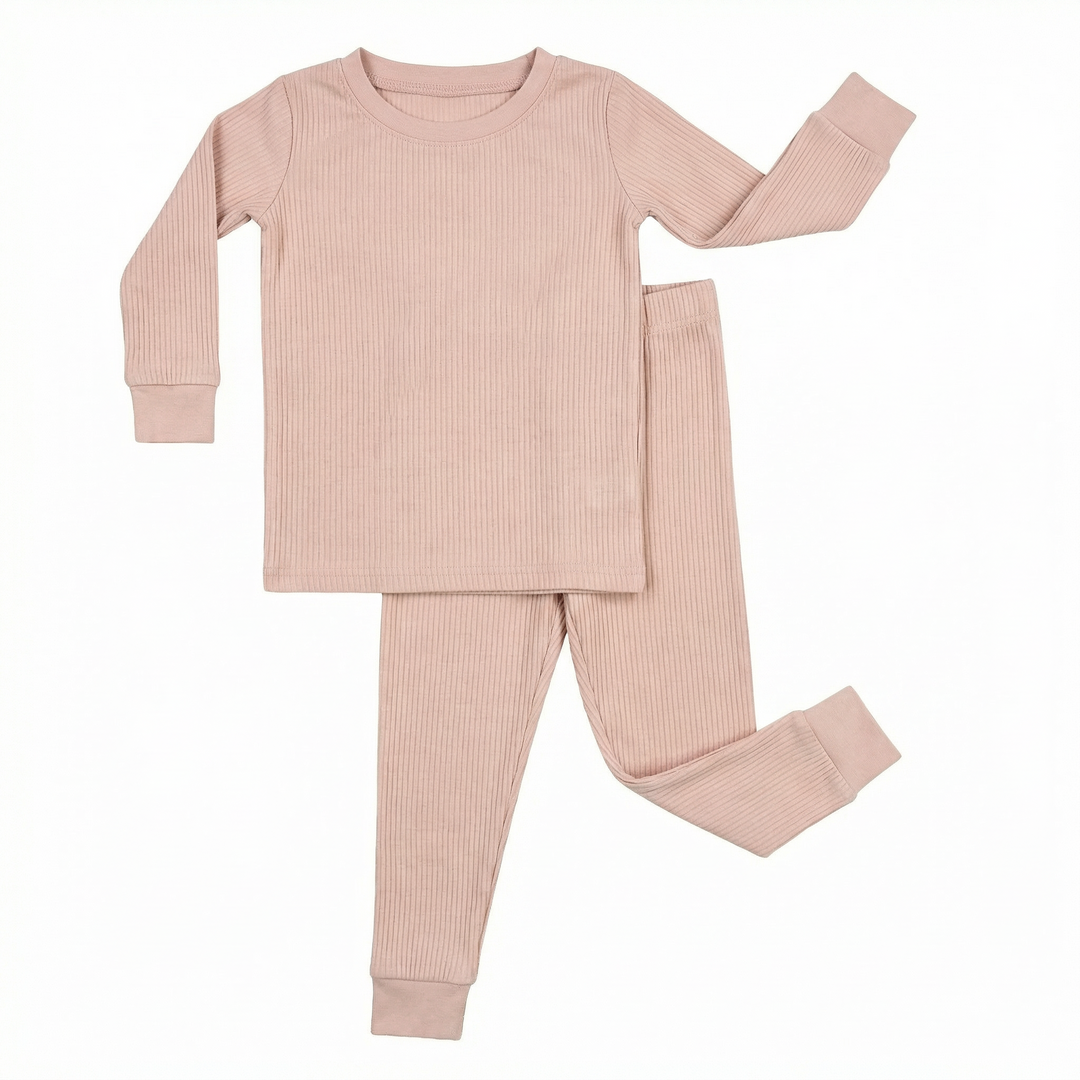 Waldgrünes, geripptes, zweiteiliges Pyjama-Set mit langen Ärmeln 