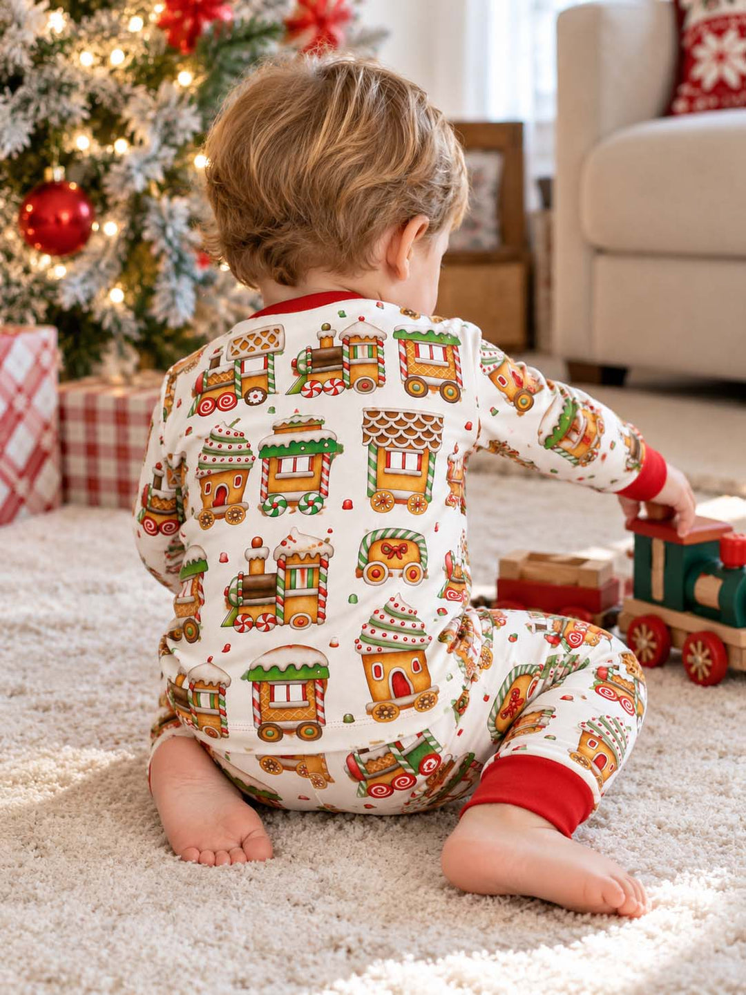 Gingerbread Christmas Train Bamboo Two Piece Long Sleeve Pajama Set