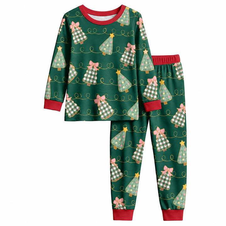 Gingham Christmas Trees and Pink Bows Bamboo Two Piece Long Sleeve Pajama Set