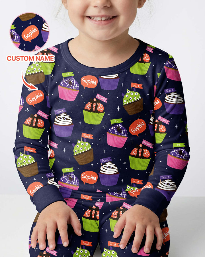 Custom Name Spooly Cupcake  Bamboo Two Piece Long Sleeve Pajama Set