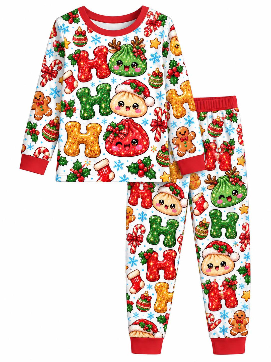 Glitter Ho Ho Ho Dumplings Bamboo Two Piece Long Sleeve Pajama Set