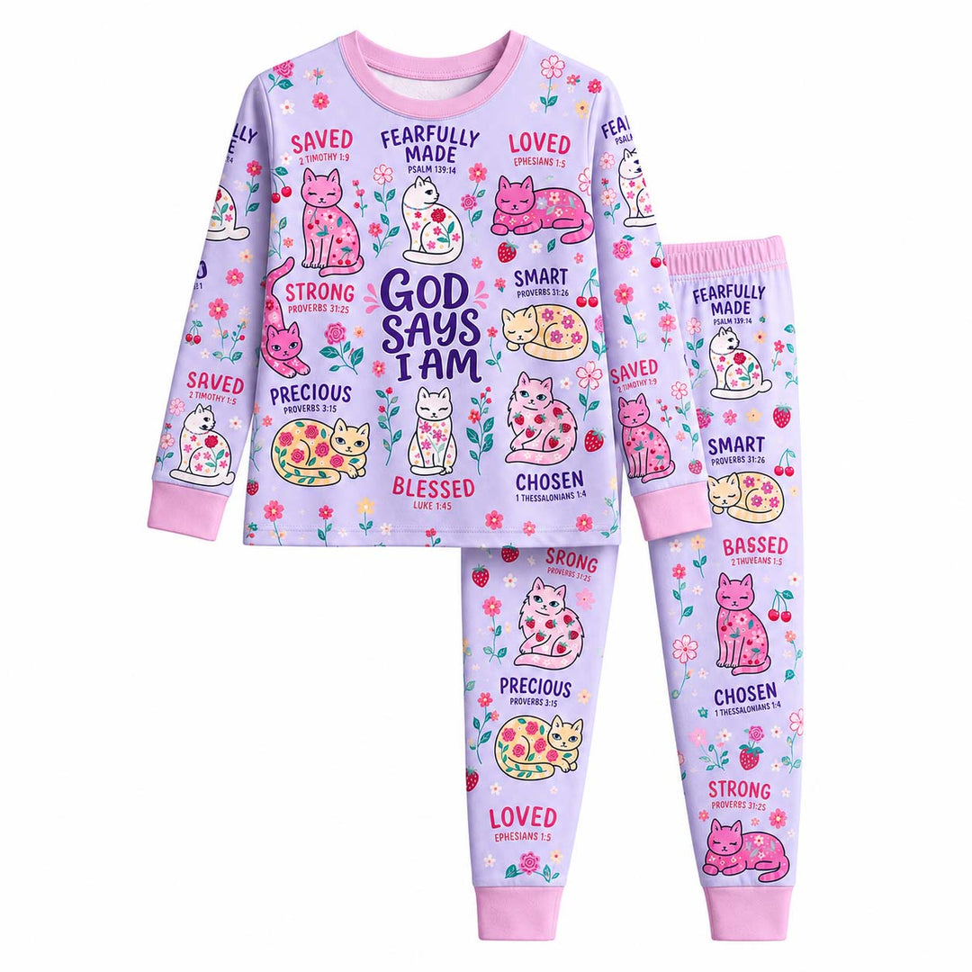 God Says I Am Floral Cats Bamboo Two Piece Long Sleeve Pajama Set