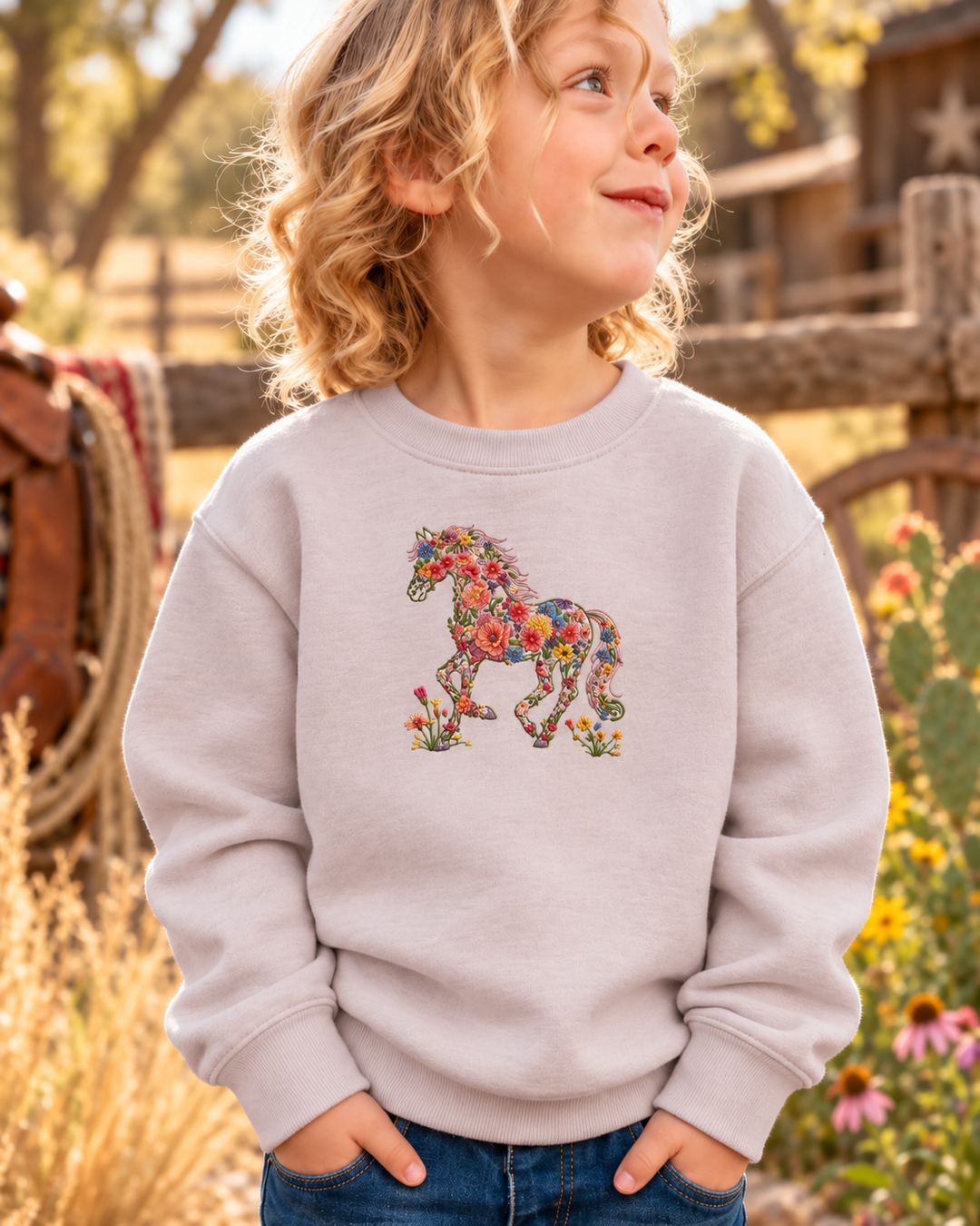 Western Flower Horse Embroidered Bamboo Crewneck Sweatshirt