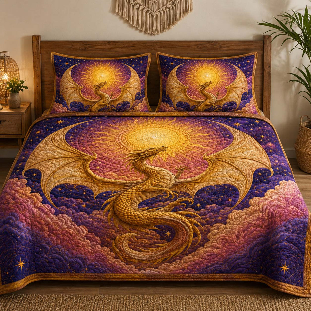 Golden Celestial Sun Dragon Bamboo Quilt Bedding Set
