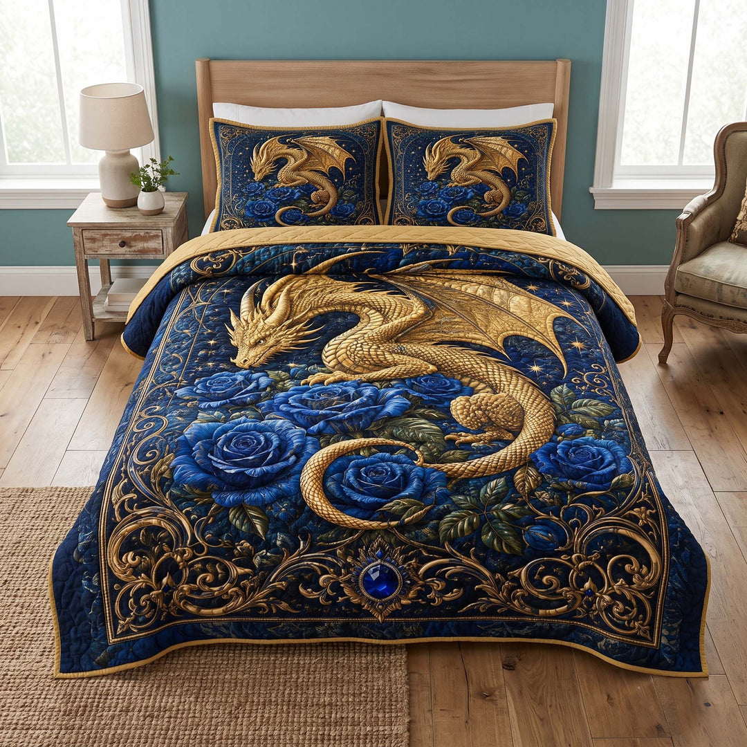 Golden Dragon Blue Roses Bamboo Quilt Bedding Set