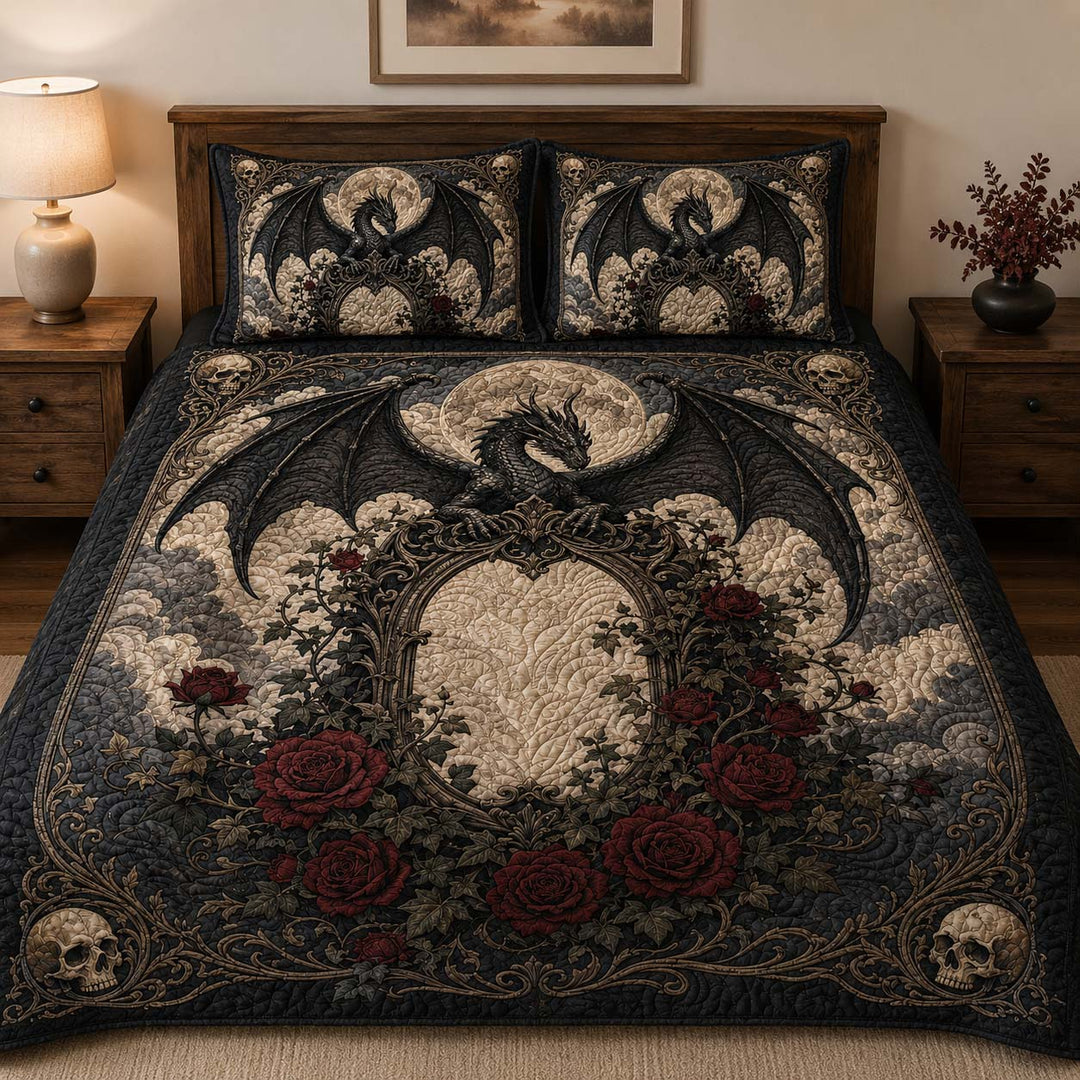 Gothic Moon Dragon and Roses Bamboo Quilt Bedding Set