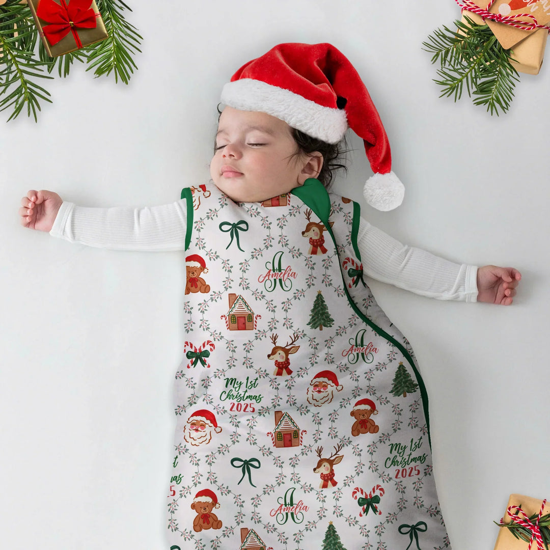 Custom name "Fancy Monogram Green Christmas 2025" Sleep Bag