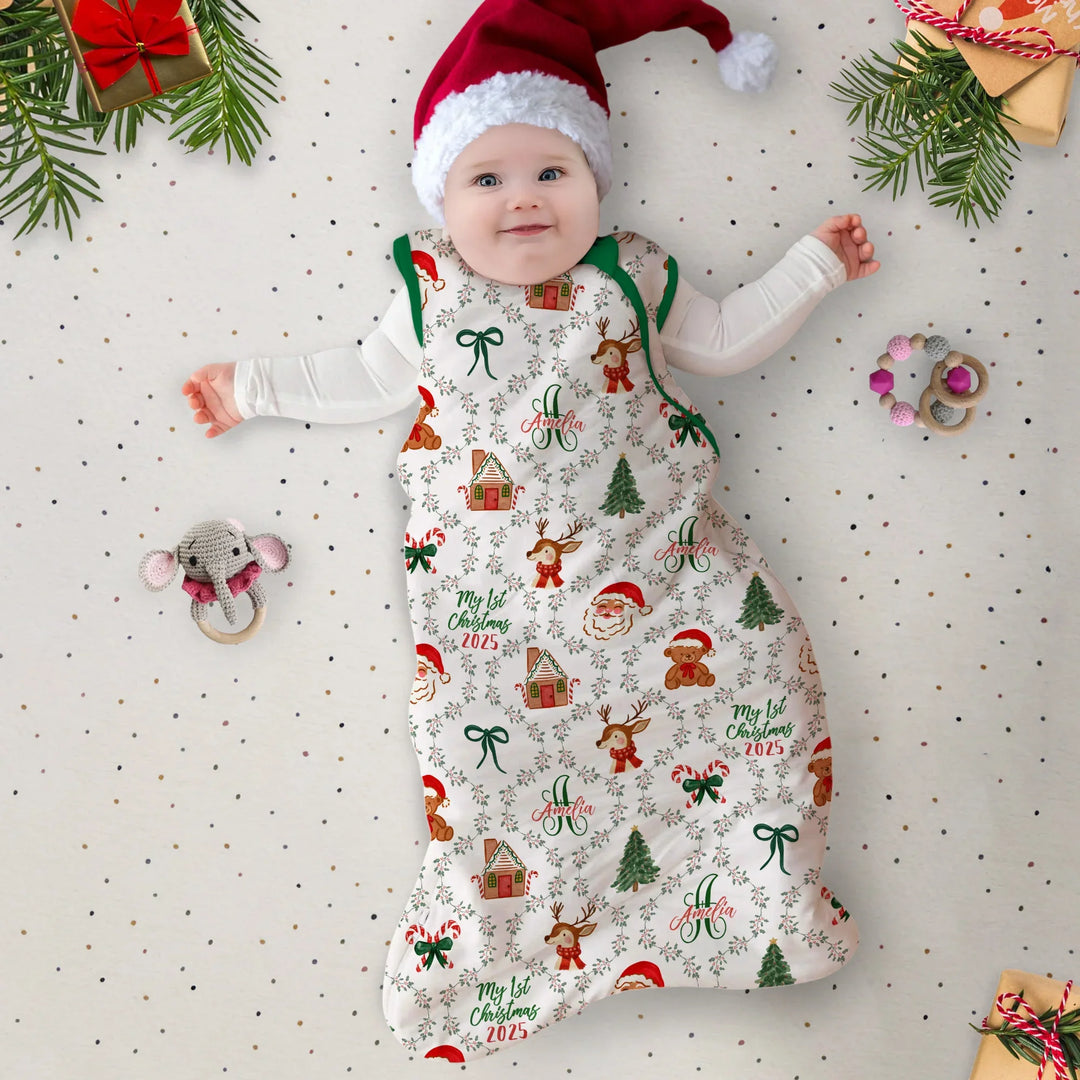 Custom name "Fancy Monogram Green Christmas 2025" Sleep Bag