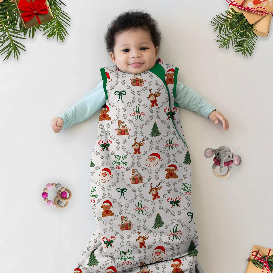 Custom name "Fancy Monogram Green Christmas 2025" Sleep Bag