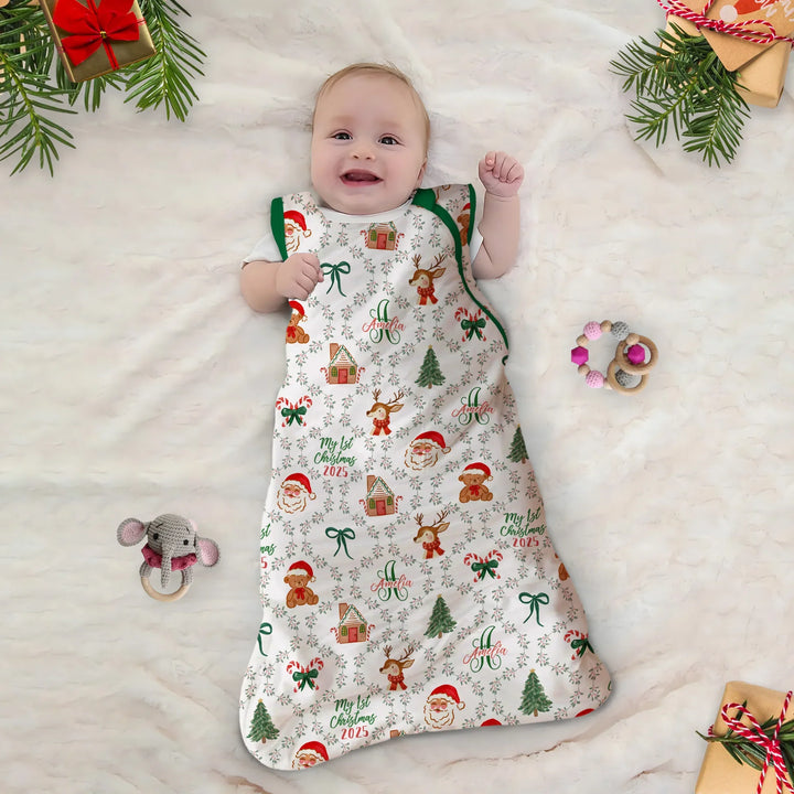 Custom name "Fancy Monogram Green Christmas 2025" Sleep Bag