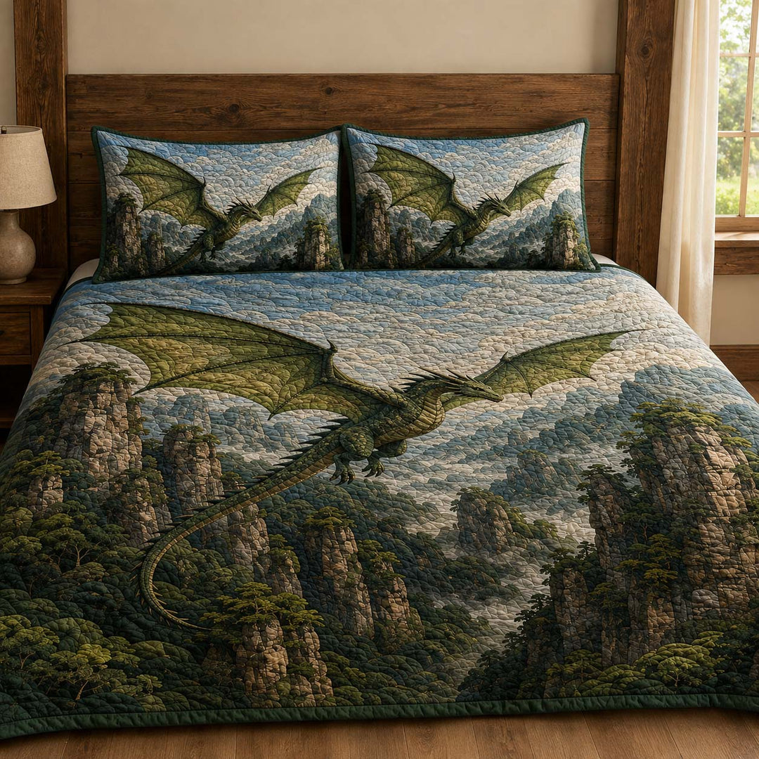 Green Dragon Mountain Flight Bamboo Quilt Bedding Set