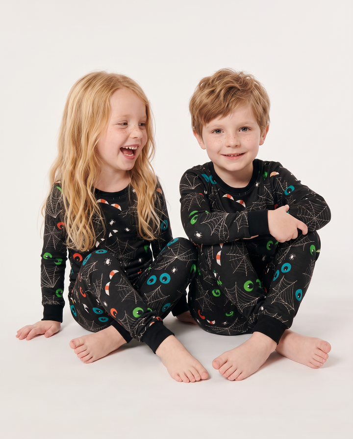 Glow In The Dark Creepy Spiderweb Bamboo Two Piece Long Sleeve Pajama Set