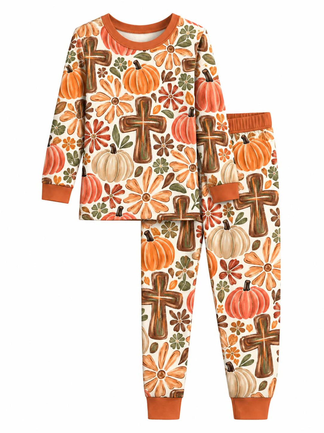 Harvest Faith Cross and Pumpkins Bamboo Two Piece Long Sleeve Pajama Set