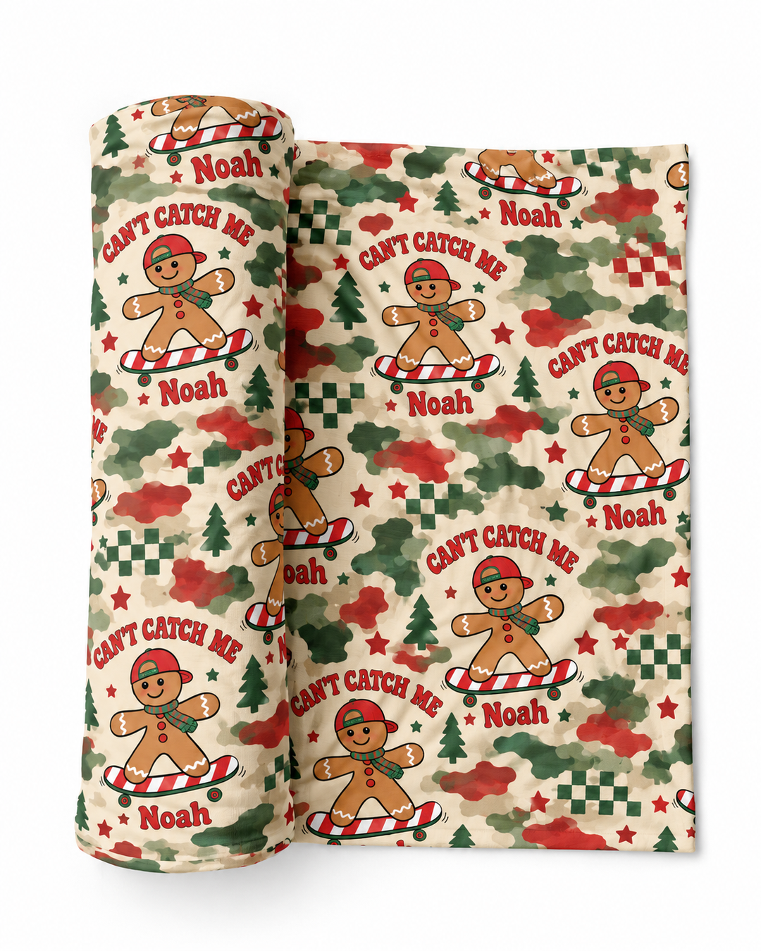 Custom Name Gingerbread Skateboard Christmas Bamboo Swaddle Blanket