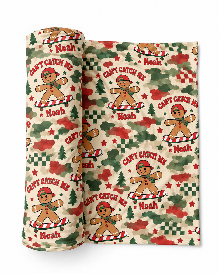 Custom Name Gingerbread Skateboard Christmas Bamboo Swaddle Blanket