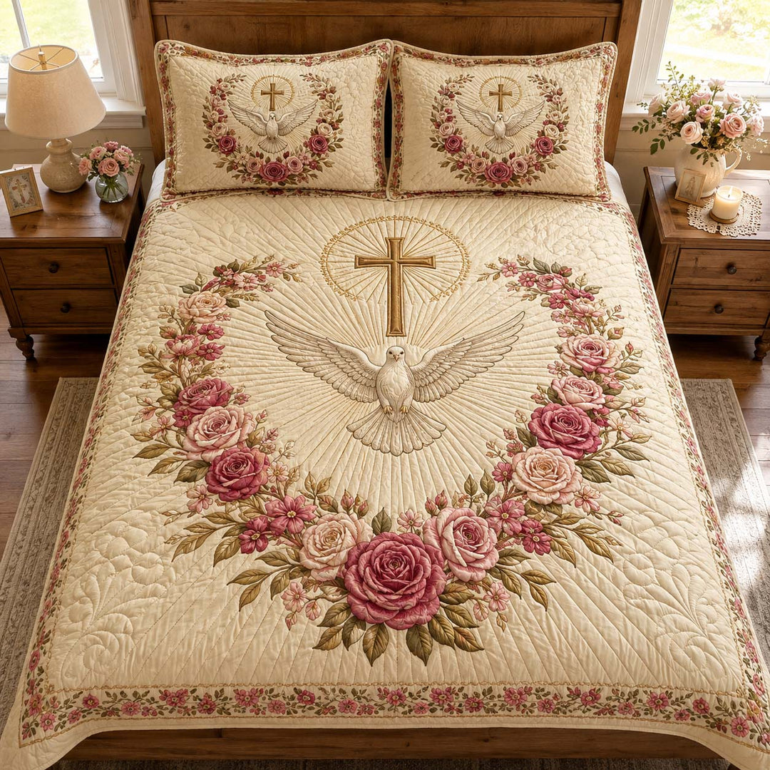 Holy Spirit Dove and Roses Bamboo Quilt Bedding Set
