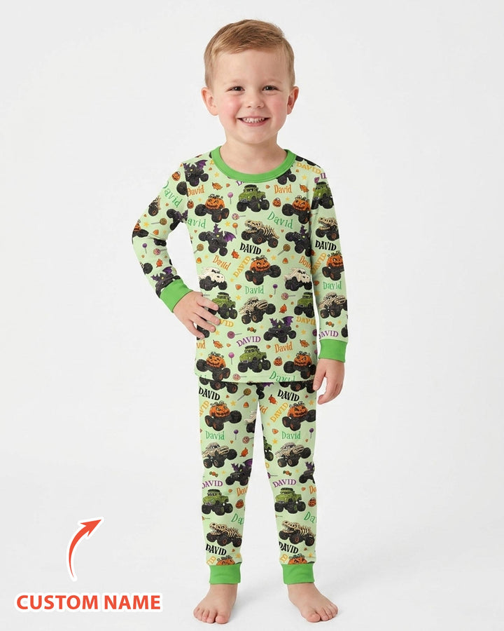 Spooky Monster Truck Custom Name Bamboo Two Piece Long Sleeve Pajama Set