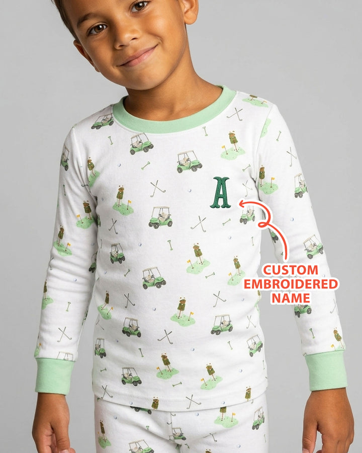 Custom Embroidered Name Monogram Letter Golf Two Piece Long Sleeve Pajama Set