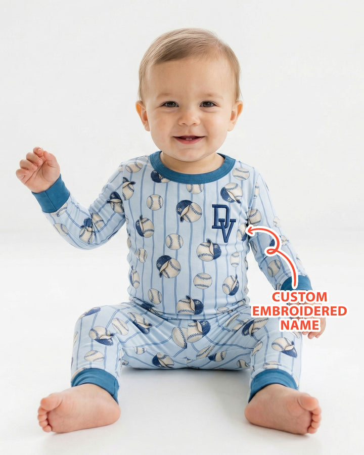 Custom Embroidered Baseball Bamboo Two Piece Long Sleeve Pajama Set