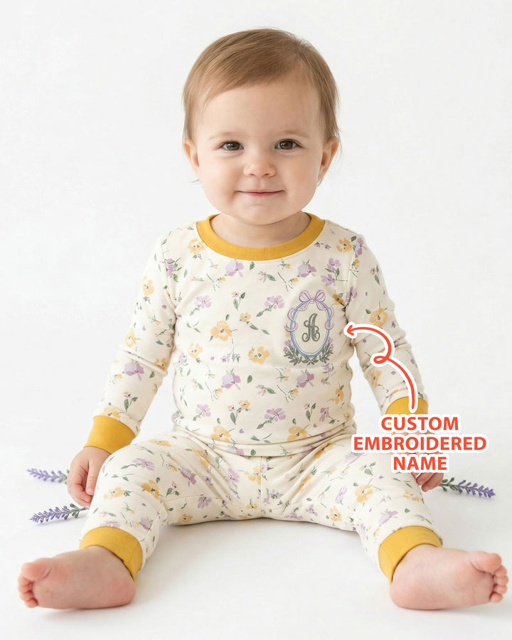 Custom Embroidered Name Floral Bamboo Two Piece Long Sleeve Pajama Set